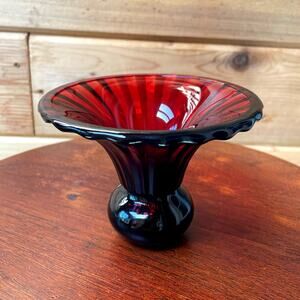 Vintage Art Deco Style Ruby Red Glass Compote Bowl - Ribbed Pedestal Dish